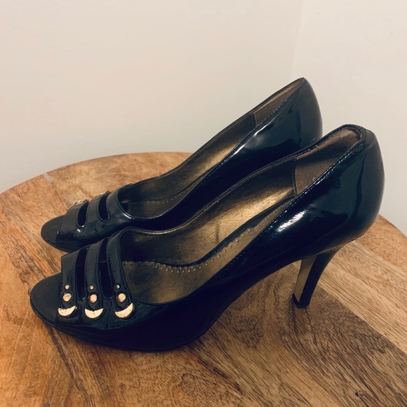 Black Peep Toe Heels Sz-8 - Picture 1 of 6